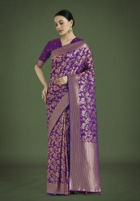 Purple Zari Embroidered Silk Saree Set