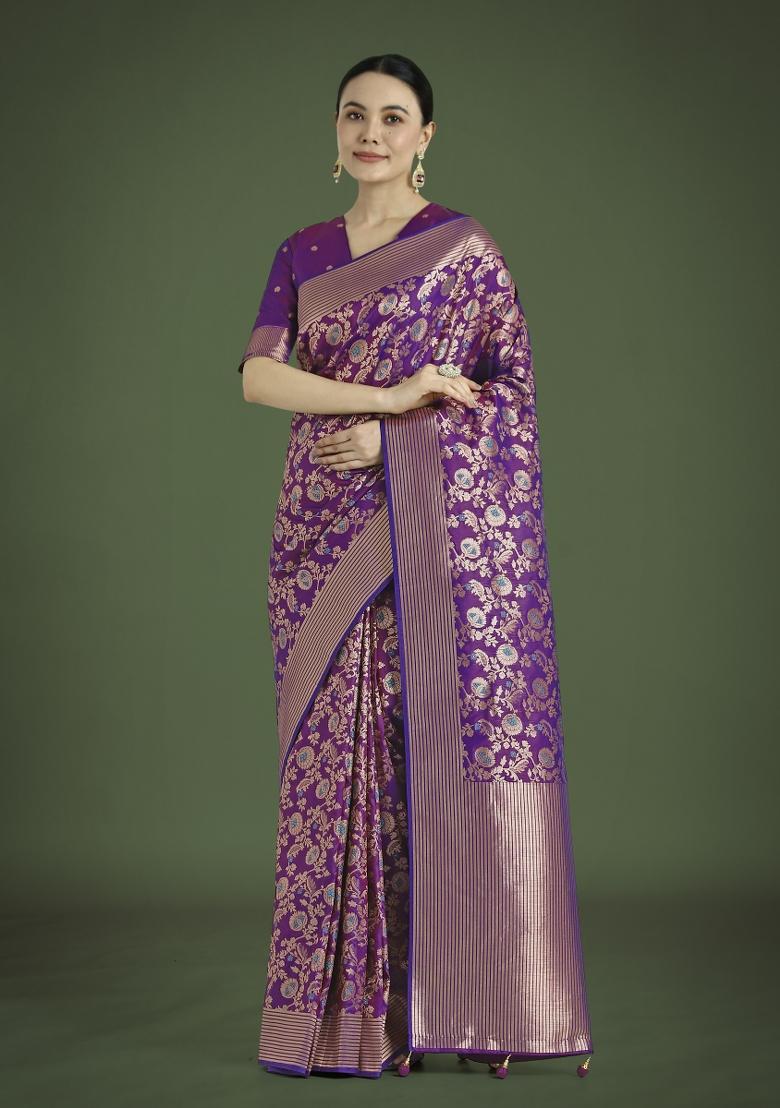 Purple Zari Embroidered Silk Saree Set
