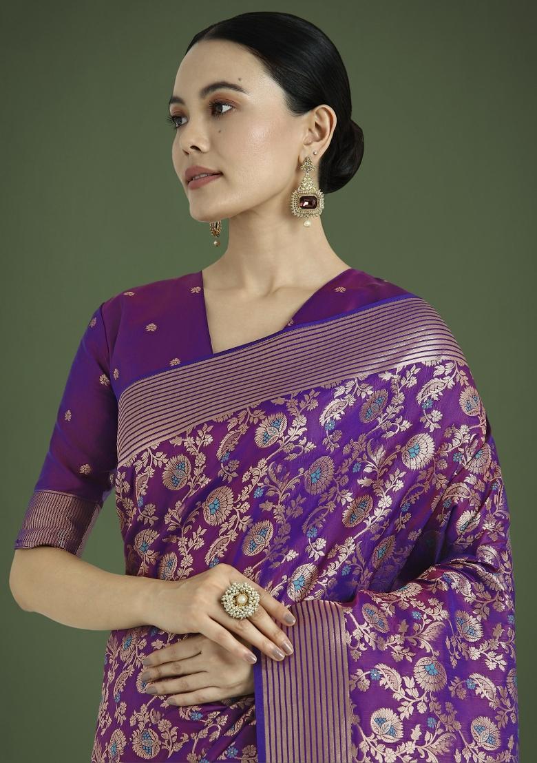 Purple Zari Embroidered Silk Saree Set