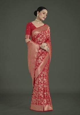 Red Zari Embroidered Silk Saree Set