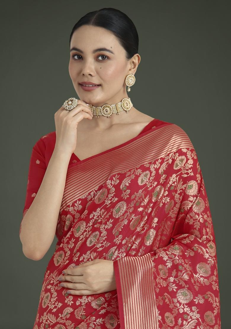 Red Zari Embroidered Silk Saree Set