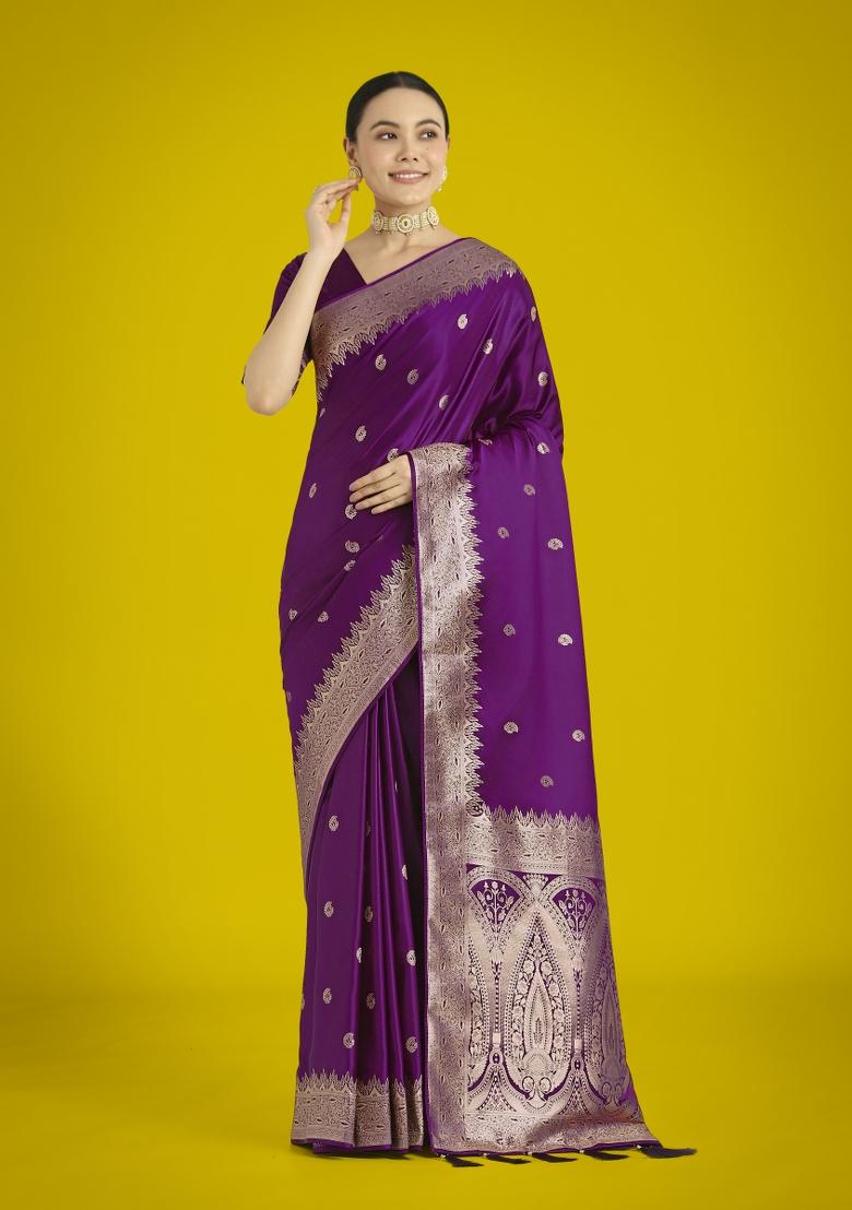 Purple Zari Embroidered Silk Saree Set