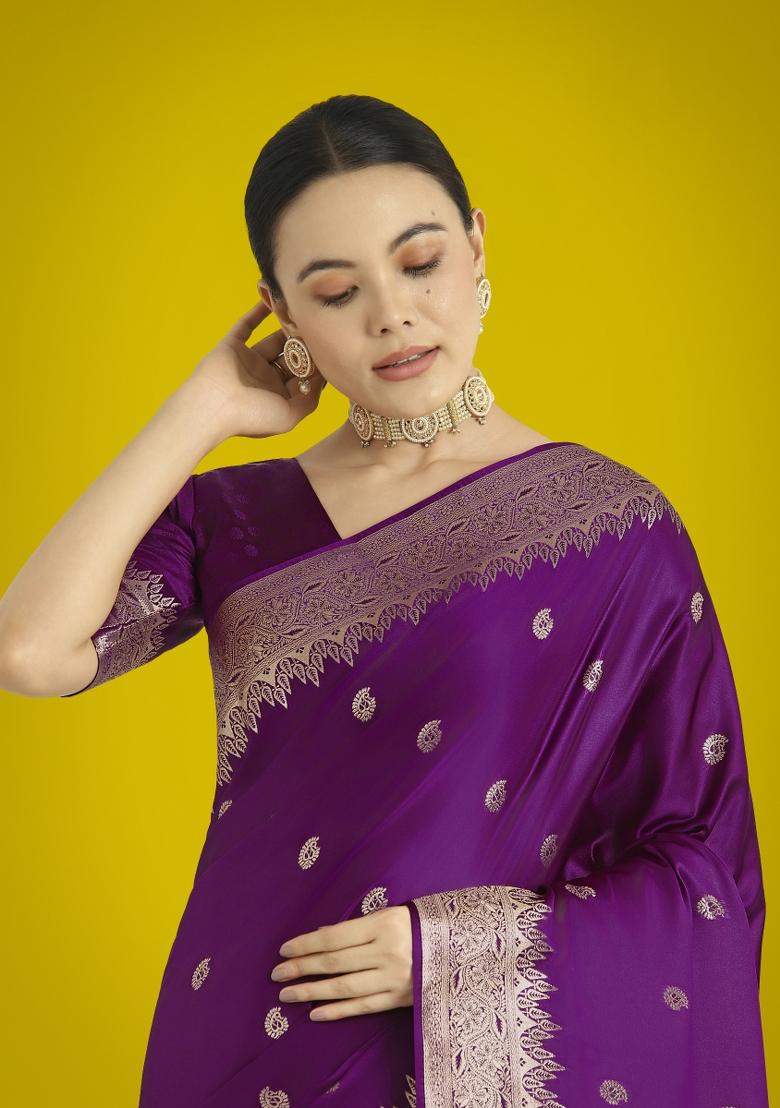 Purple Zari Embroidered Silk Saree Set