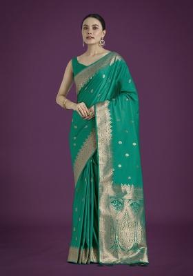Turquoise Zari Embroidered Silk Saree Set