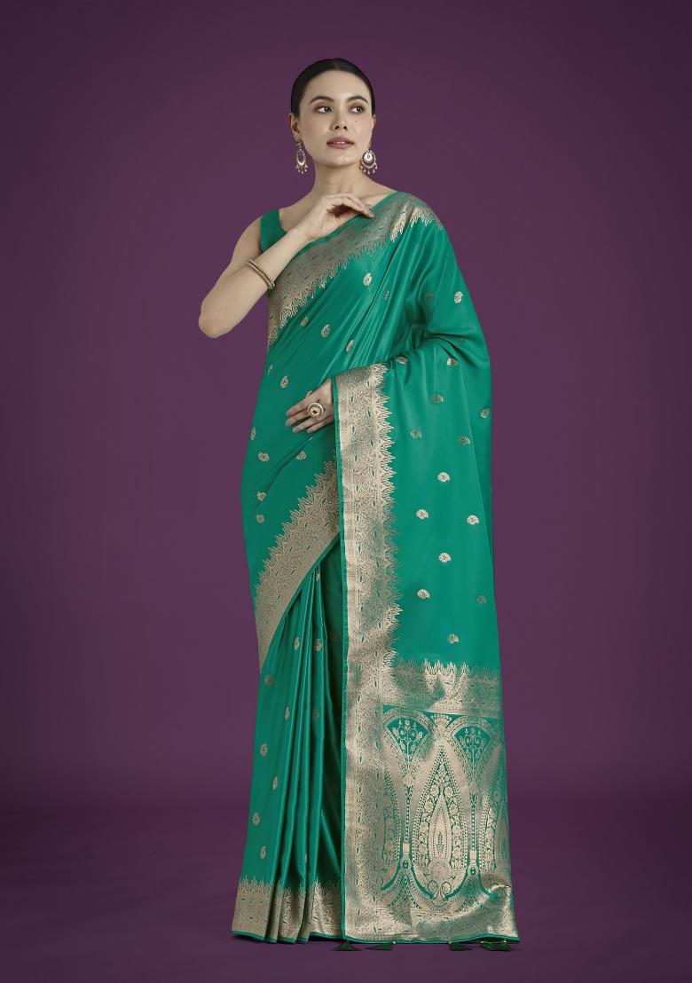 Turquoise Zari Embroidered Silk Saree Set