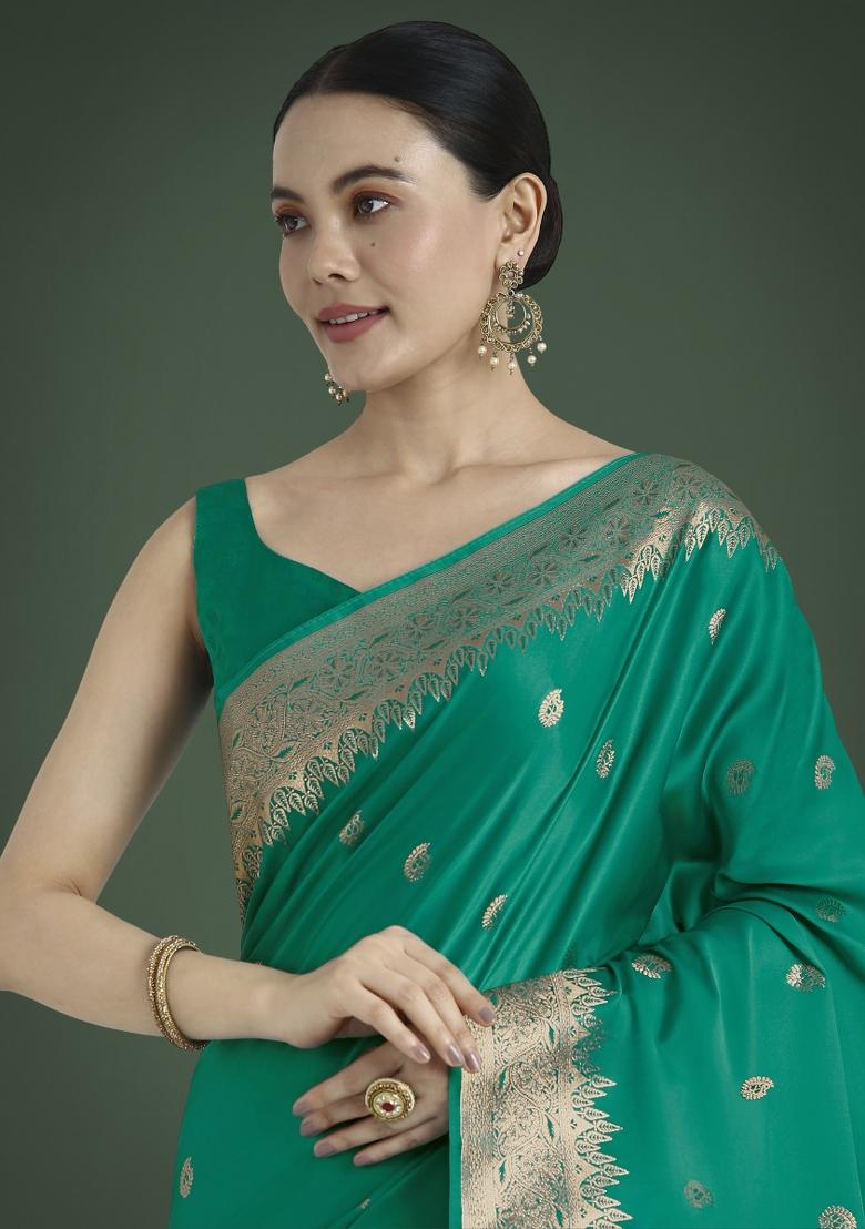 Turquoise Zari Embroidered Silk Saree Set