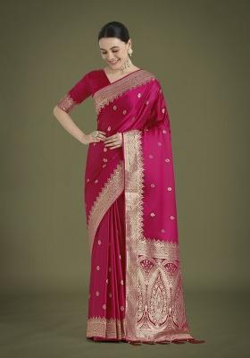 Rani Pink Zari Embroidered Silk Saree Set