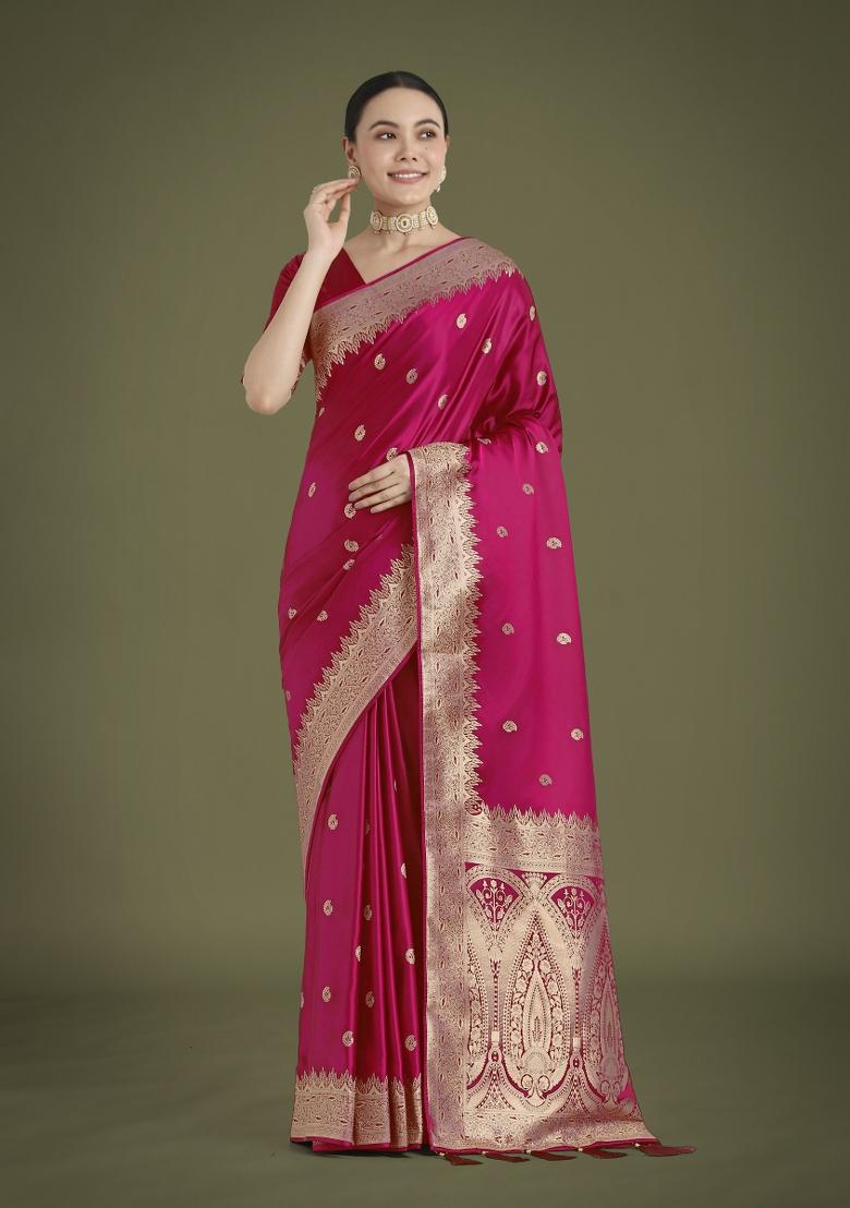 Rani Pink Zari Embroidered Silk Saree Set