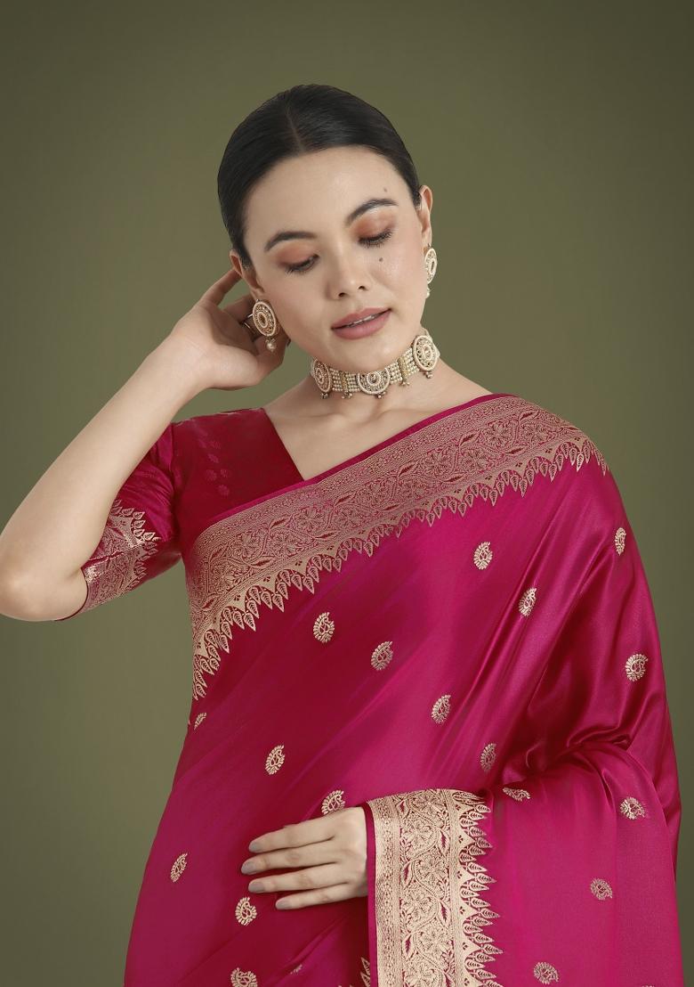 Rani Pink Zari Embroidered Silk Saree Set