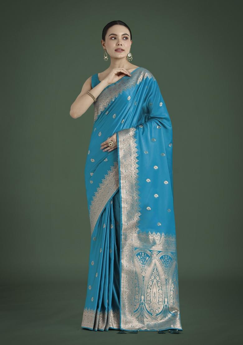 Cyan Zari Embroidered Silk Saree Set