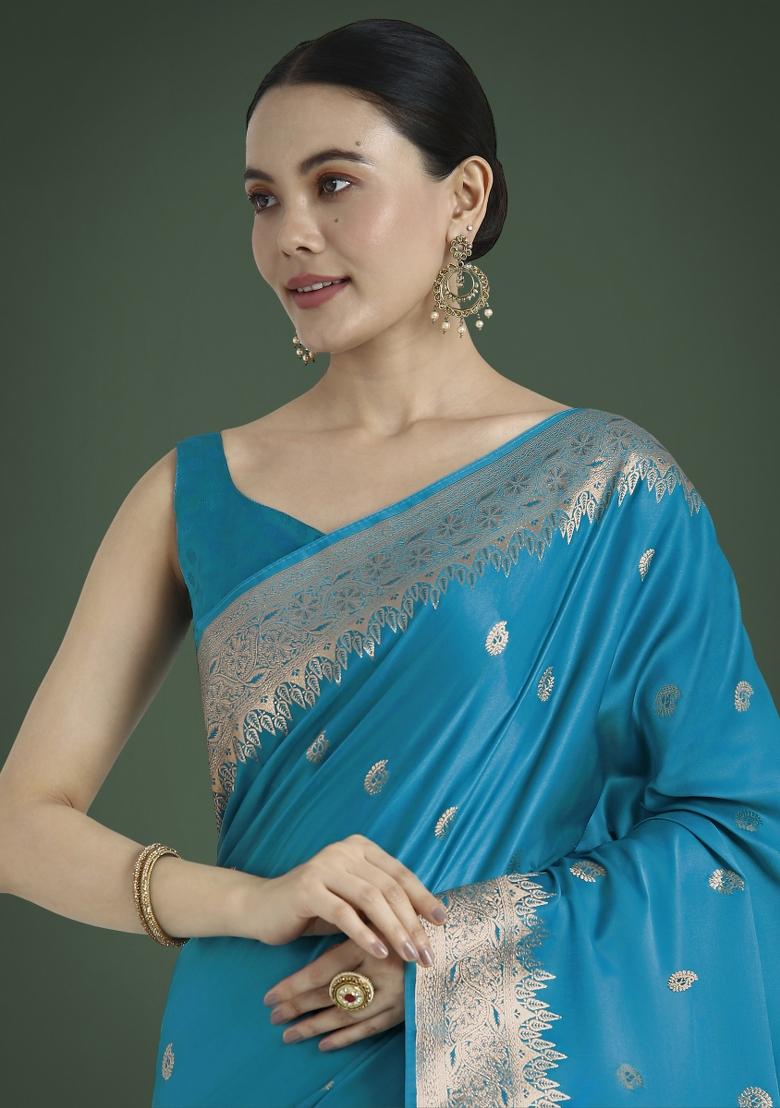 Cyan Zari Embroidered Silk Saree Set