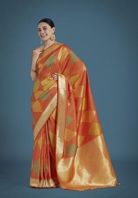 Orange Zari Embroidered Silk Saree Set