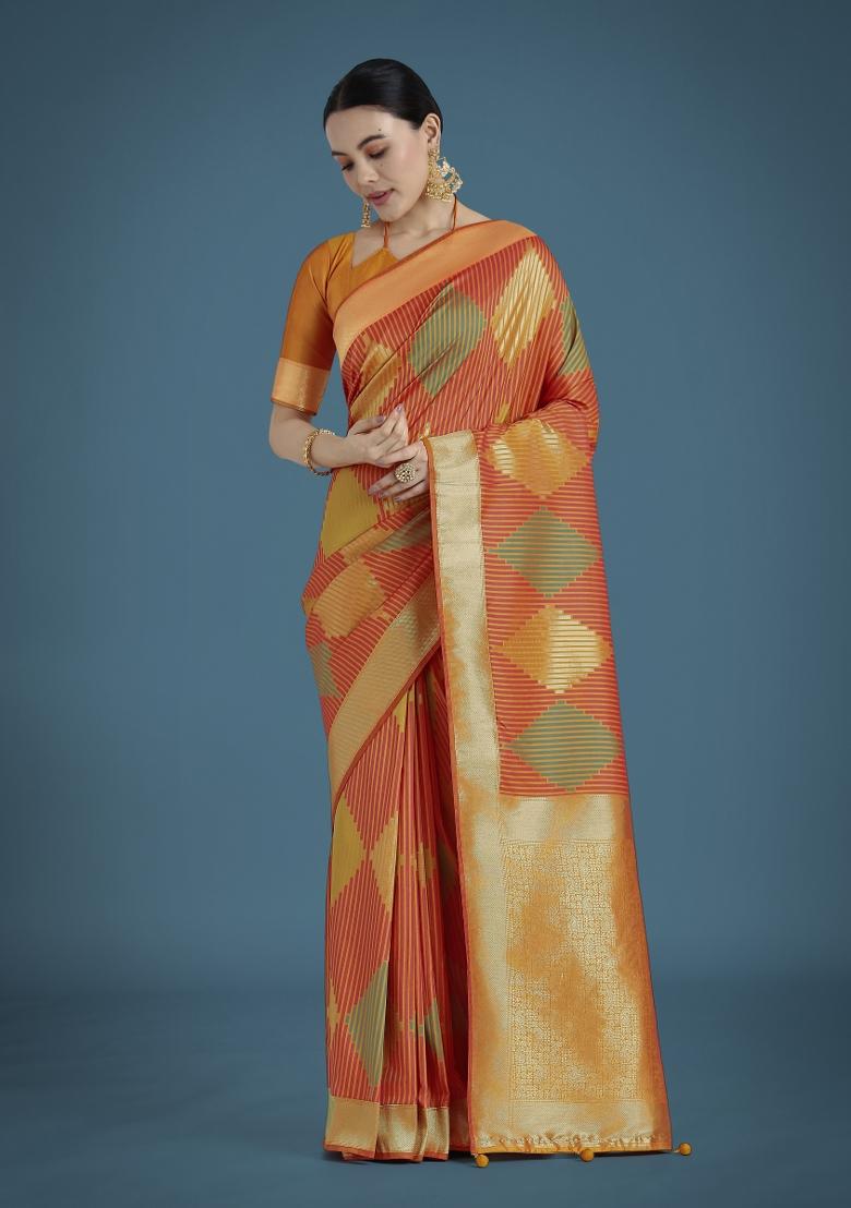 Orange Zari Embroidered Silk Saree Set