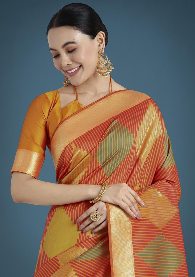 Orange Zari Embroidered Silk Saree Set