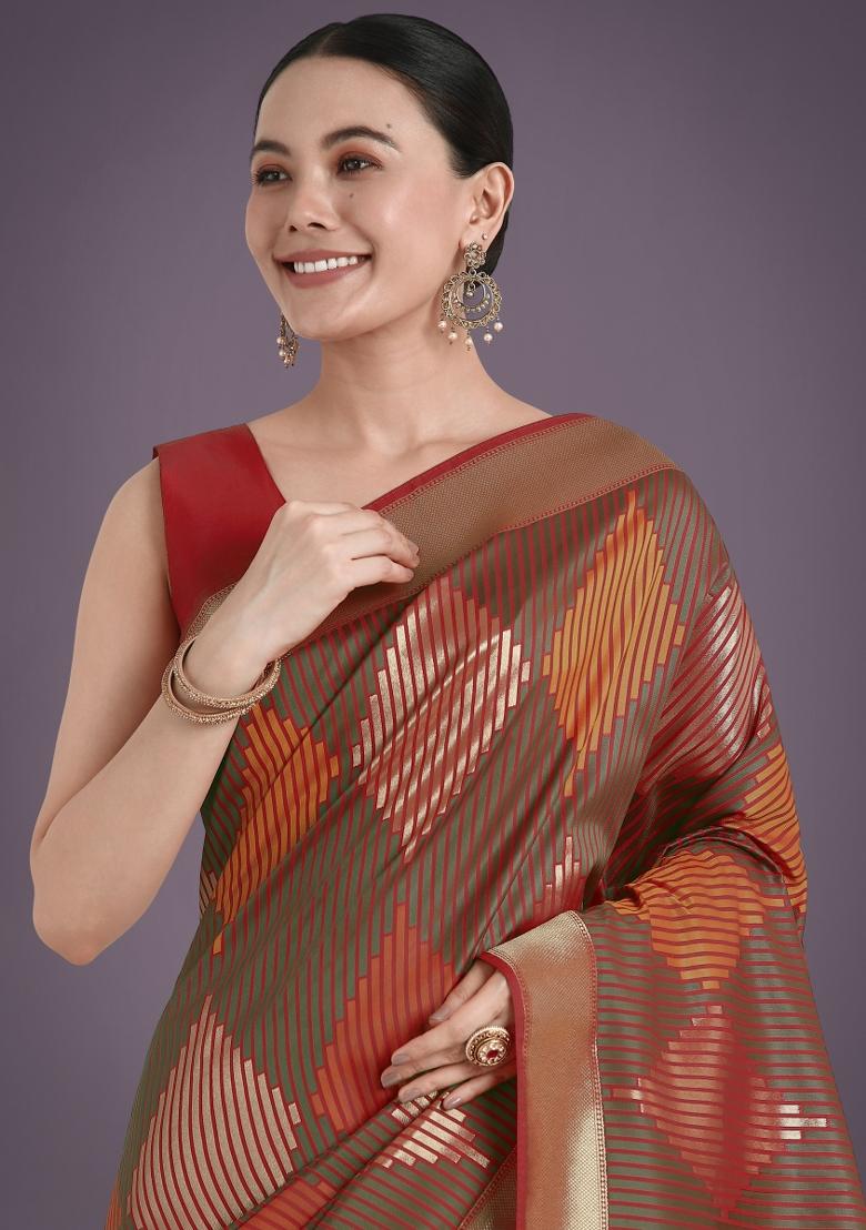 Red Zari Embroidered Silk Saree Set