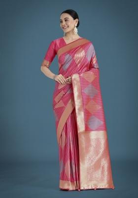 &nbsp;Light Pink Zari Embroidered Silk Saree Set