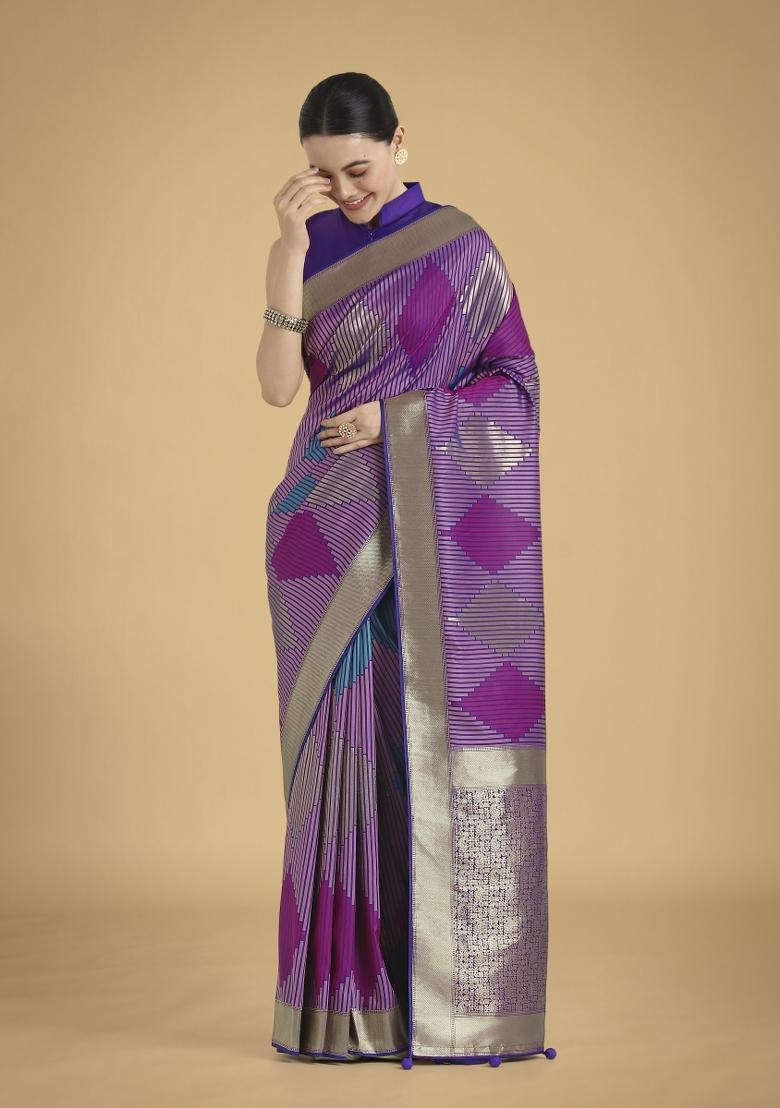 Lavender Zari Embroidered Silk Saree Set