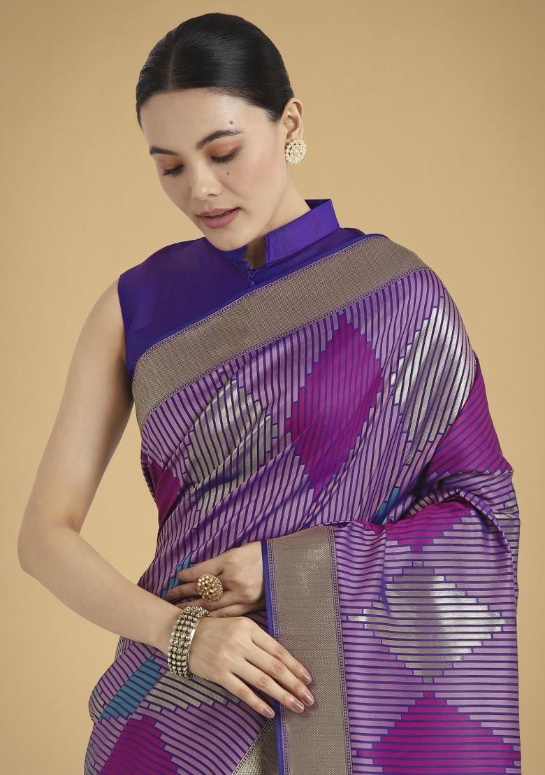 Lavender Zari Embroidered Silk Saree Set