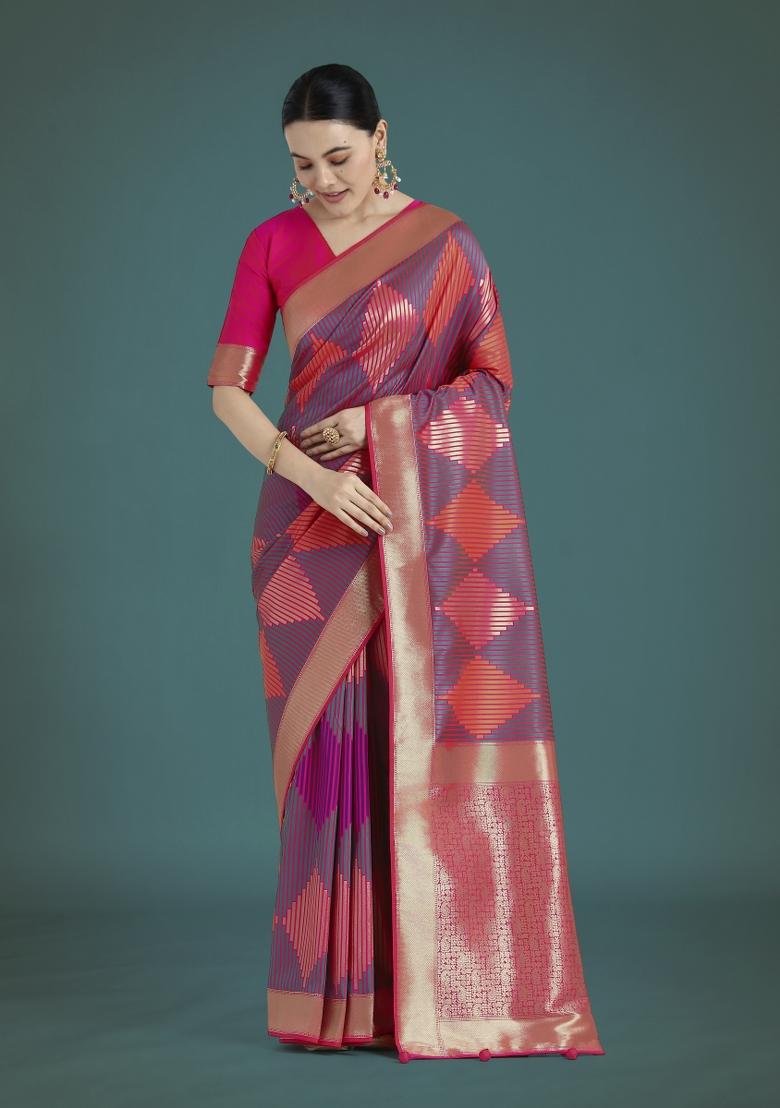 Pink Zari Embroidered Silk Saree Set