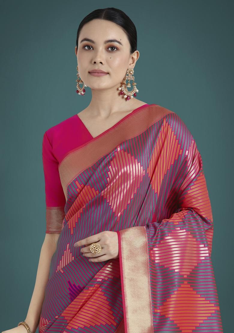 Pink Zari Embroidered Silk Saree Set