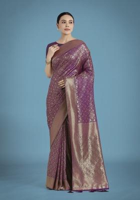 &nbsp;Dark Purple Zari Embroidered Silk Saree Set