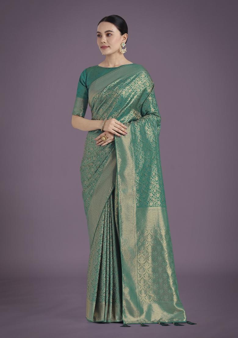Teal Zari Embroidered Silk Saree Set