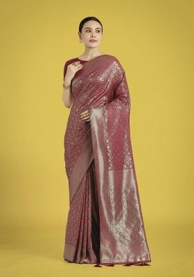 Maroon Zari Embroidered Silk Saree Set