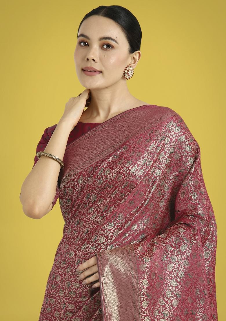 Maroon Zari Embroidered Silk Saree Set