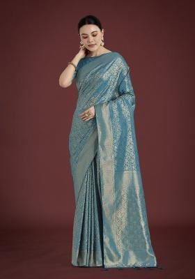 Cyan Zari Embroidered Silk Saree Set