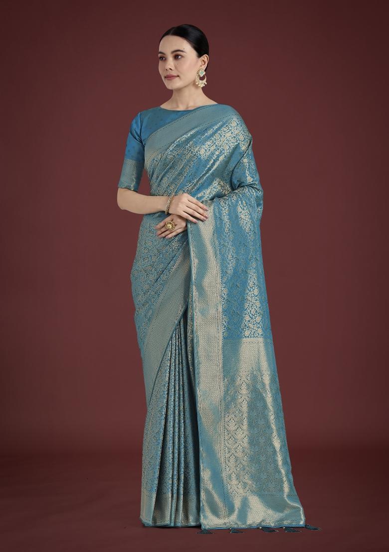 Cyan Zari Embroidered Silk Saree Set