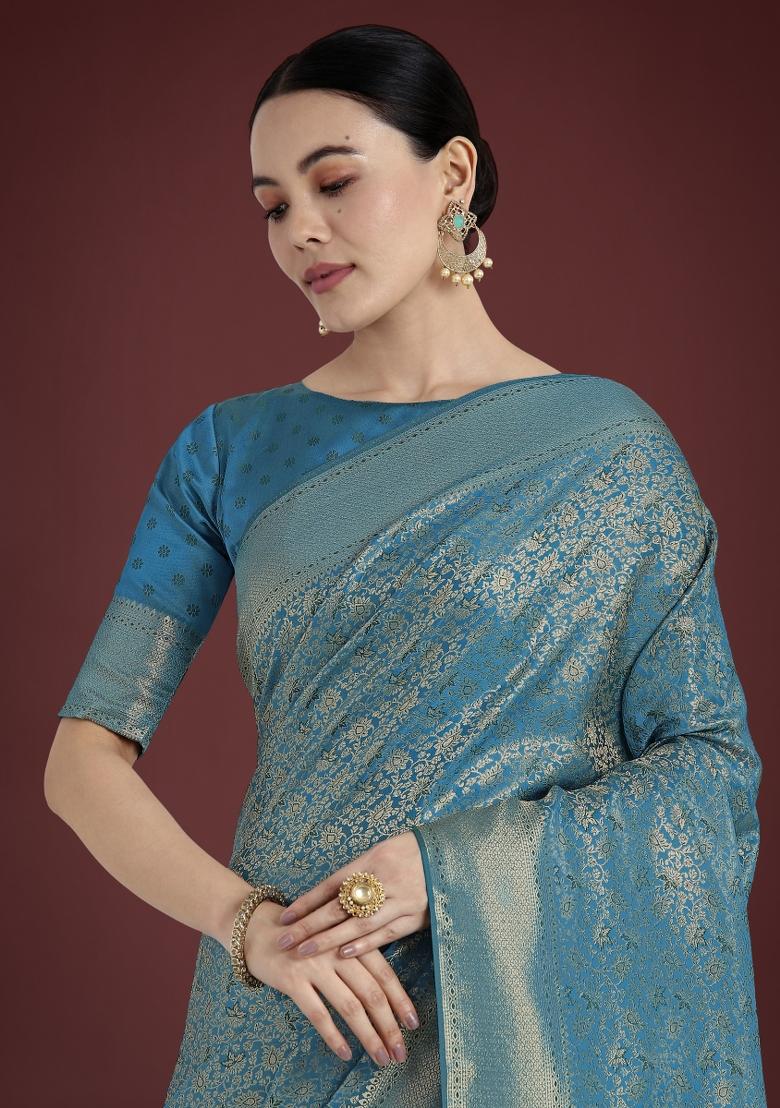 Cyan Zari Embroidered Silk Saree Set