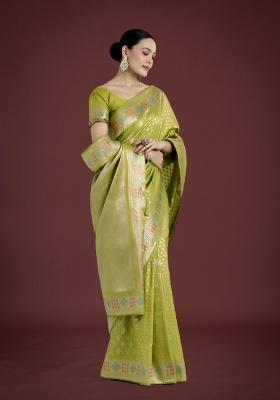 &nbsp;Lime Zari Embroidered Silk Saree Set