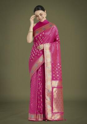 &nbsp;Rani Pink Zari Embroidered Silk Saree Set