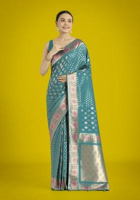 Cyan Zari Embroidered Silk Saree Set