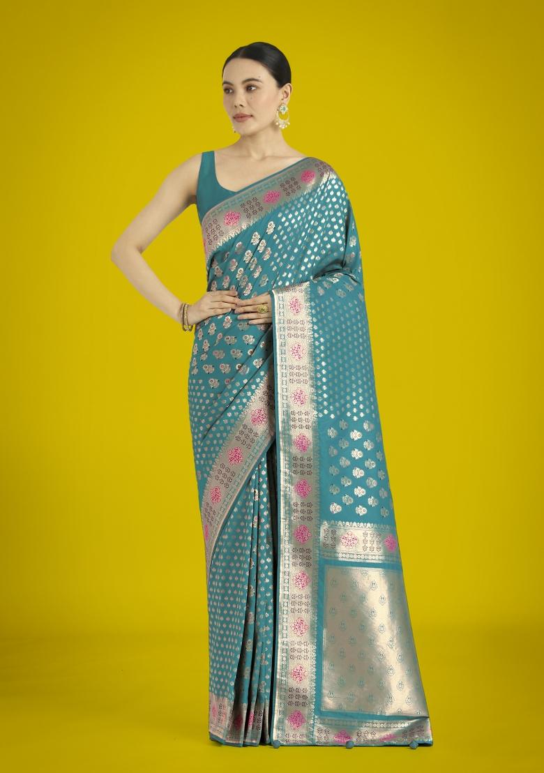 Cyan Zari Embroidered Silk Saree Set