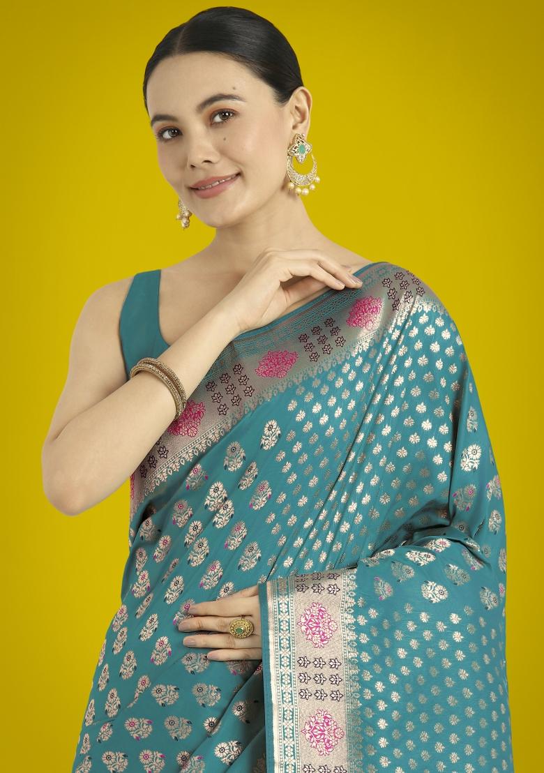 Cyan Zari Embroidered Silk Saree Set