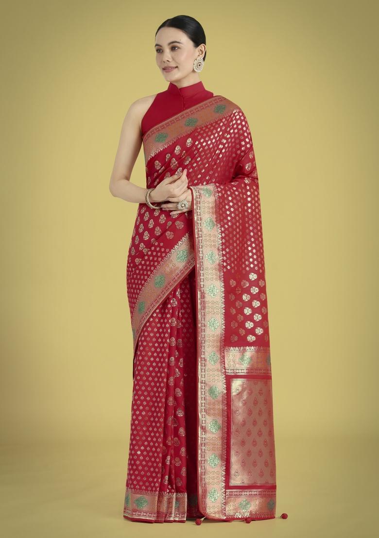 Red Zari Embroidered Silk Saree Set