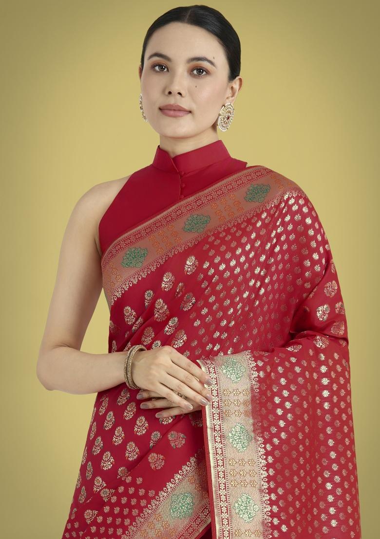 Red Zari Embroidered Silk Saree Set