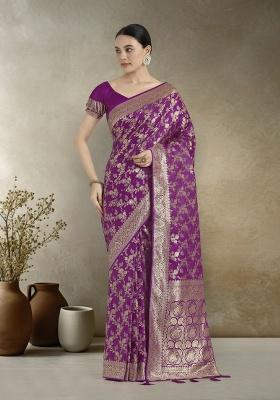 Purple Zari Embroidered Silk Saree Set