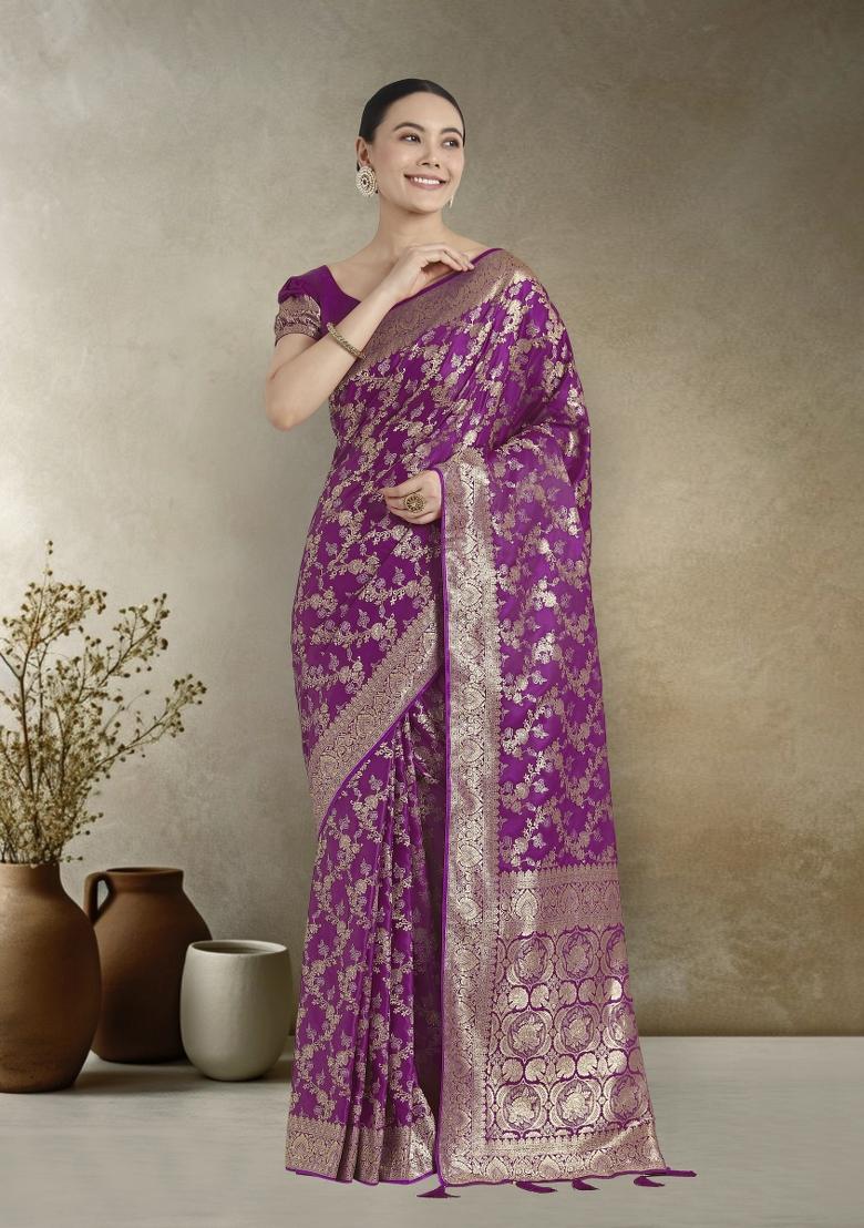 Purple Zari Embroidered Silk Saree Set