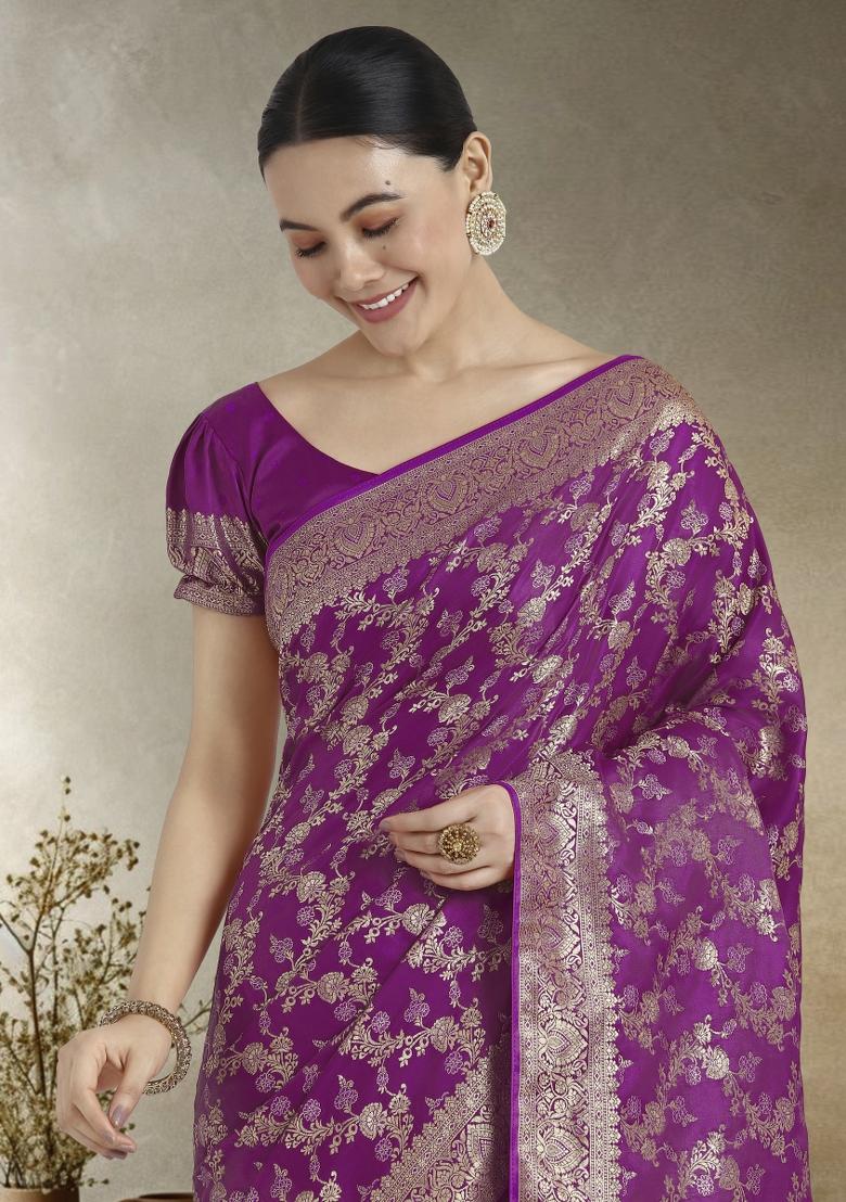 Purple Zari Embroidered Silk Saree Set