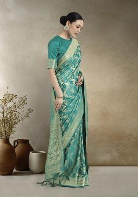 Turquoise Zari Embroidered Silk Saree Set