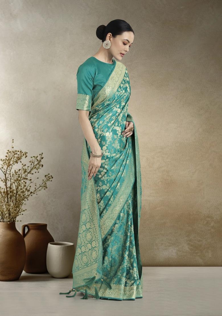 Turquoise Zari Embroidered Silk Saree Set