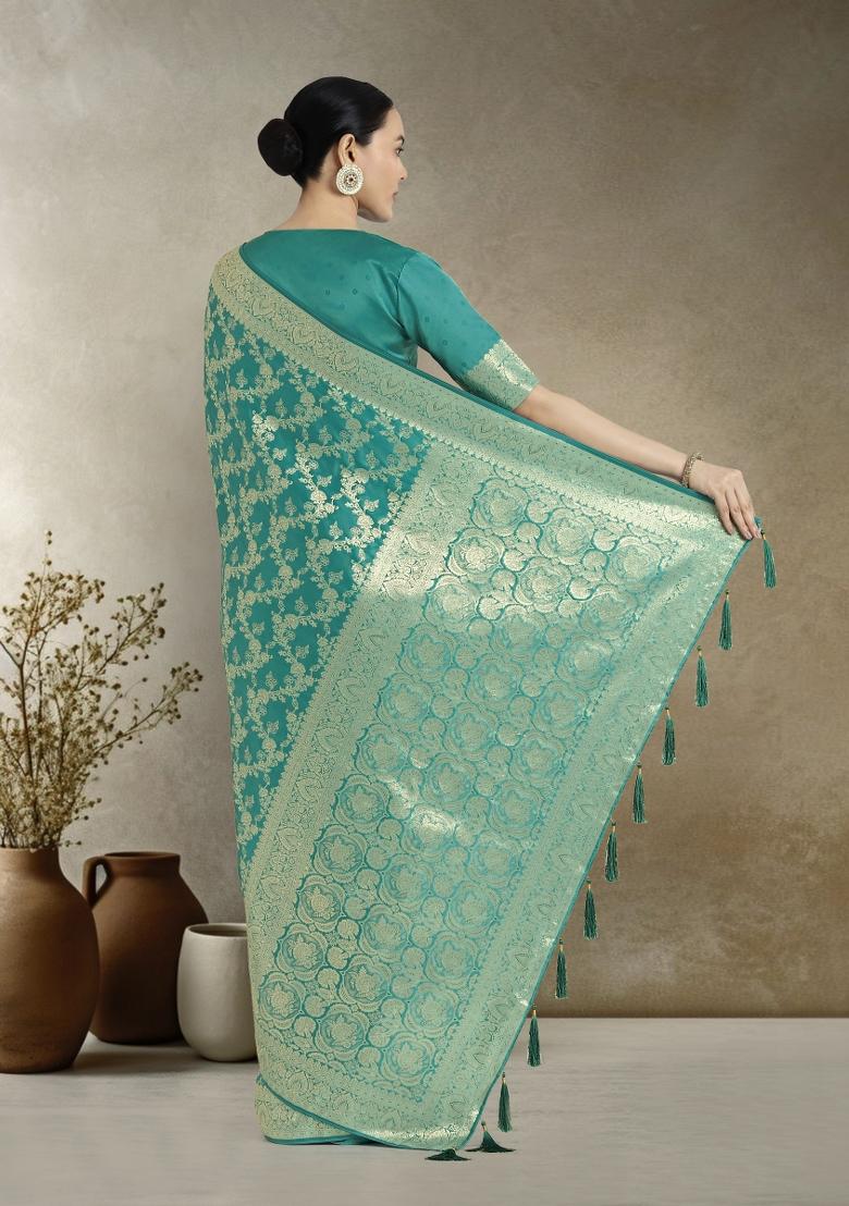 Turquoise Zari Embroidered Silk Saree Set