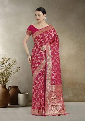 Pink Zari Embroidered Silk Saree Set