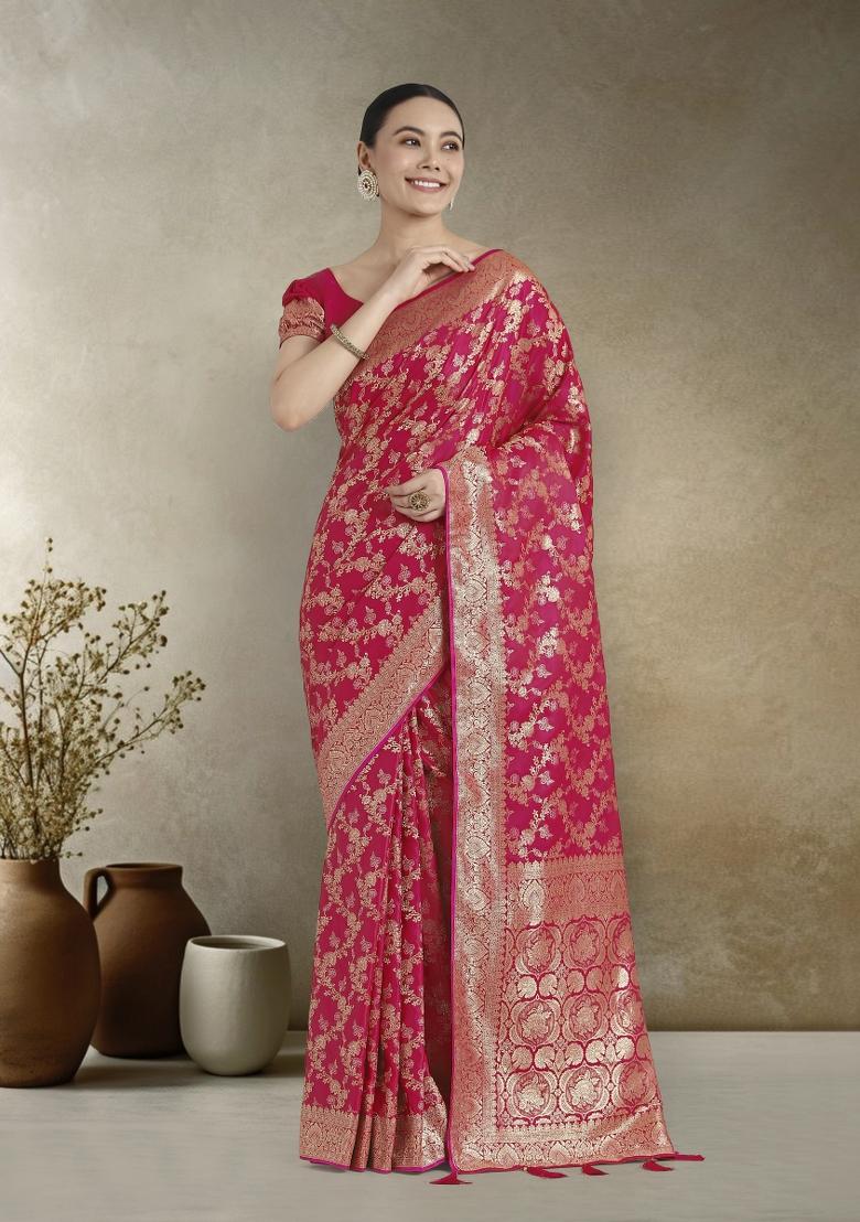 Pink Zari Embroidered Silk Saree Set