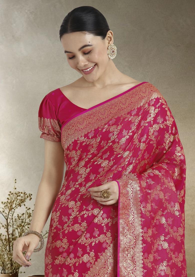 Pink Zari Embroidered Silk Saree Set