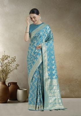 &nbsp;Aqua Blue Zari Embroidered Silk Saree Set