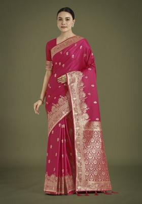 &nbsp;Hot Pink Zari Embroidered Silk Saree Set