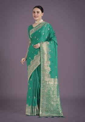 Turquoise Zari Embroidered Silk Saree Set